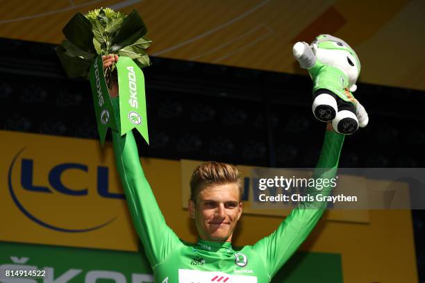 Marcel Kittel of Germany riding for Quick-Step Floors poses for a photo on the stage in the green points jersey following stage 14 of the 2017 Le...