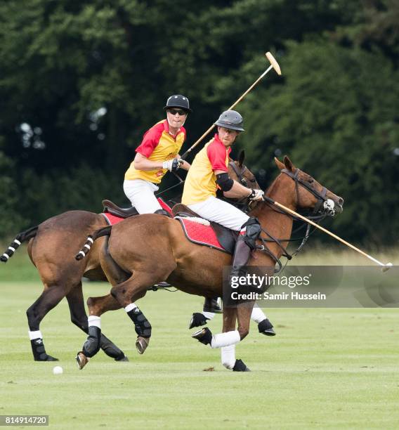 Prince William, Duke of Cambridge and Prince Harry take part in The Jerudong Park Trophy at Cirencester Park Polo Club on July 15, 2017 in...