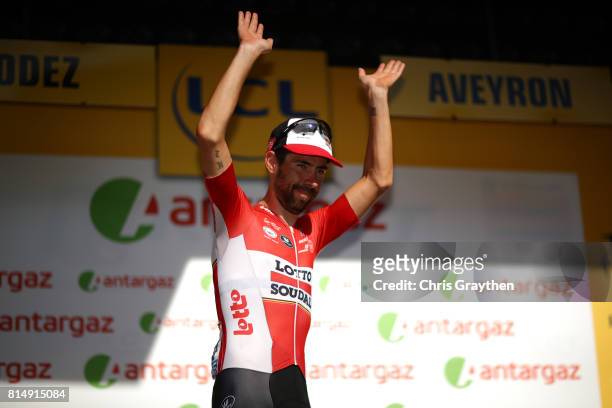 Thomas De Gendt of Belgium riding for Lotto Soudal poses for a photo on the podium after winning the combativity award during stage 14 of the 2017 Le...