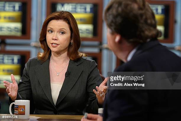 News correspondent Kelly O'Donnell speaks as moderator Tim Russert looks on during a taping of "Meet the Press" at the NBC Studios June 8, 2008 in...