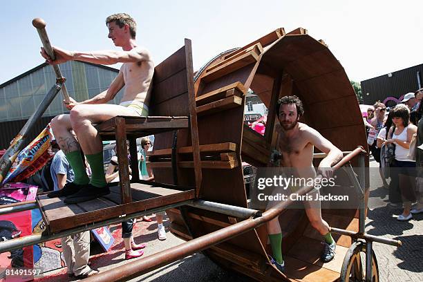 Contraption powered by men in underpants moves through the Vauxhall Art Car Boot fair in the Old Truman Brewery on June 8, 2008 in London, England....