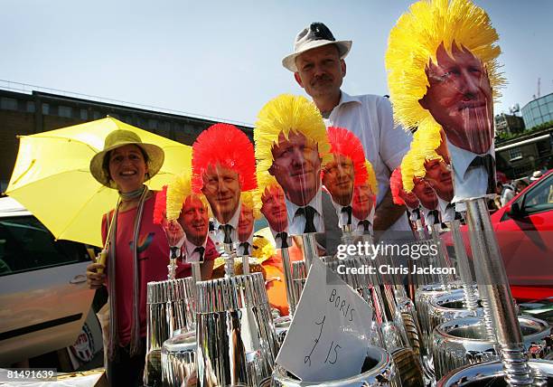 Boris Johnson loo Brushes are seen for sale during the Vauxhall Art Car Boot fair in the Old Truman Brewery on June 8, 2008 in London, England. The...