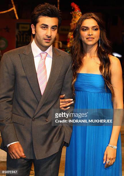 Indian actors Ranbir Kapoor and Deepika Padukone pose on arriving for the International Indian Film Academy Awards 2008 ceremony in Bangkok on June...