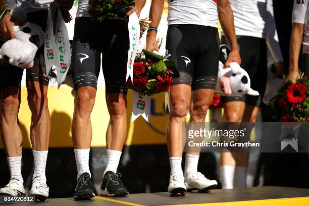 Team Sky pose for a photo on the podium for leading the team classification during stage 14 of the 2017 Le Tour de France, a 181.5km stage from...