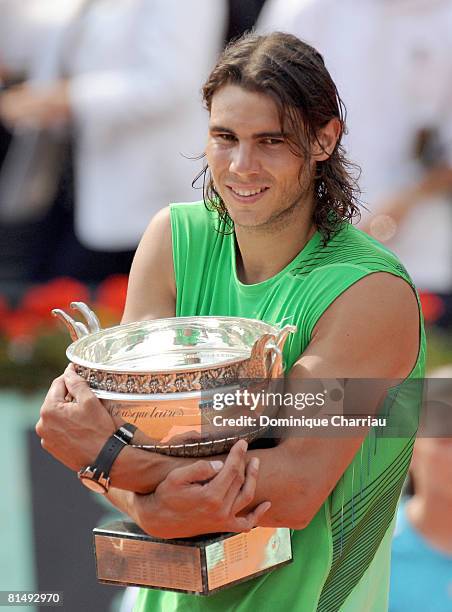 Rafael Nadal wins his 4th consecutive French Open title at Roland Garros on June 8, 2008 in Paris, France.