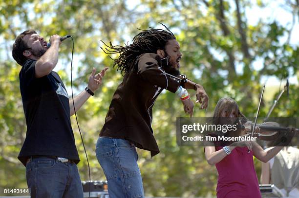 Jonny 5 and Brer Rabbit of the Flobots perform at Live 105's BFD 2008 at Shoreline Amphitheater on June 7, 2008 in Mountain View, California.