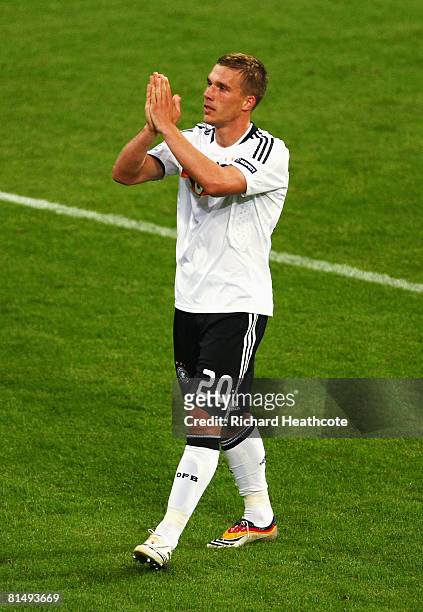 Lukas Podolski of Germany celebrates after scoring the second goal during the UEFA EURO 2008 Group B match between Germany and Poland at Worthersee...