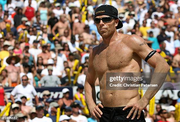 Casey Jennings reacts to a missed point during the AVP Hermosa Beach Open final on June 8, 2008 at the Pier in Hermosa Beach, California. Phil...