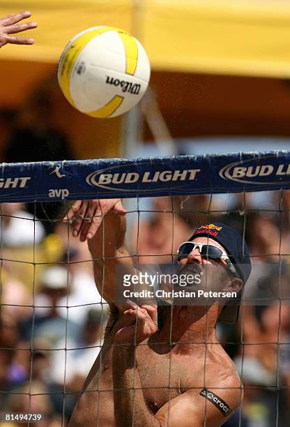 Todd Rogers hits the ball during the AVP Hermosa Beach Open final on June 8, 2008 at the Pier in Hermosa Beach, California. Phil Dalhausser and Todd...