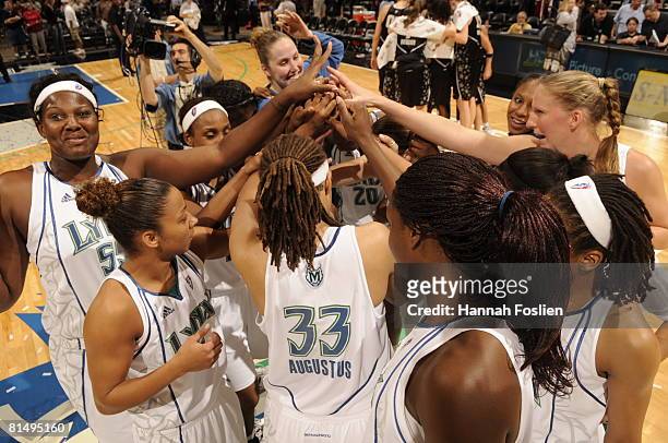 The Minnesota Lynx players put their hands together at center court after a 90-78 win against of the San Antonio Silver Stars at the Target Center...