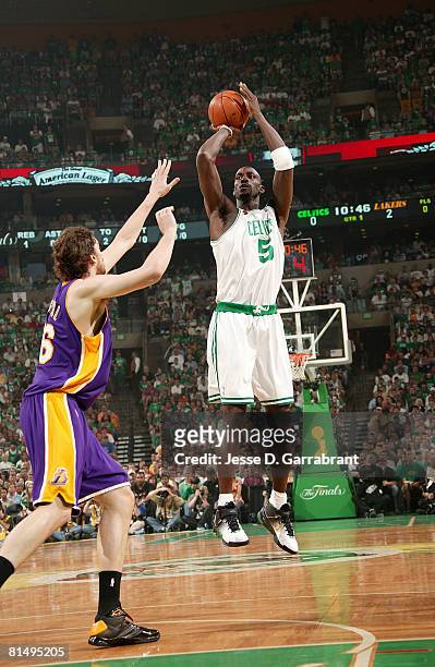 Kevin Garnett of the Boston Celtics attempts a shot against Pau Gasol of the Los Angeles Lakers in Game Two of the 2008 NBA Finals on June 8, 2008 at...