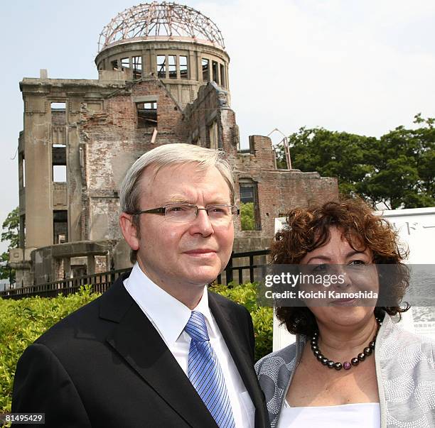 Australian Prime Minister Kevin Rudd and Therese Rein visit the Gembaku Domu, or the Atomic Bomb Dome, along the Aioi River on June 9, 2008 in...