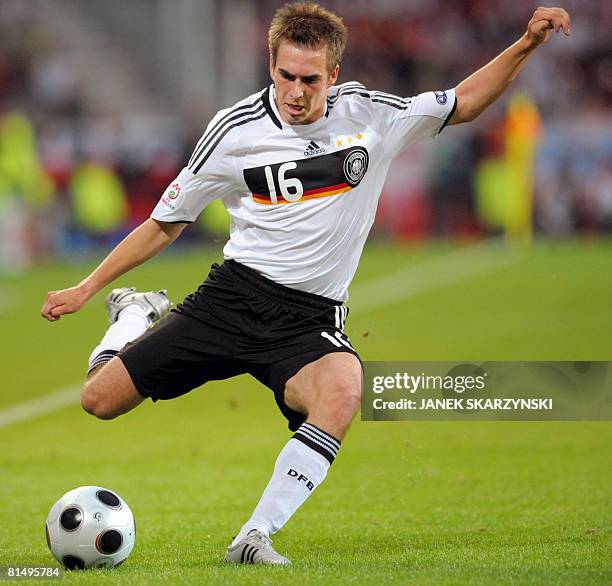 German defender Philipp Lahm kiks the ball during their Euro 2008 Championships Group B football match Germany vs. Poland on June 8, 2008 at...