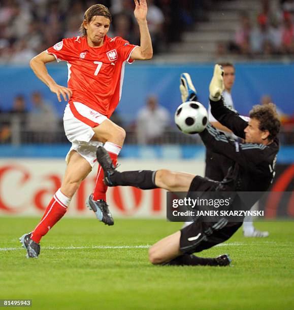 Polish forward Euzebiusz Smolarek vies with German goalkeeper Jens Lehmann during their Euro 2008 Championships Group B football match Germany vs....
