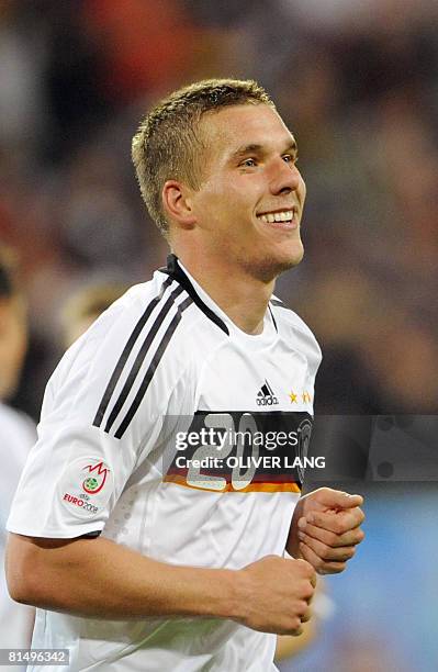 German forward Lukas Podolski celebrates after scoring a second goal during their Euro 2008 Championships Group B football match Germany vs. Poland...