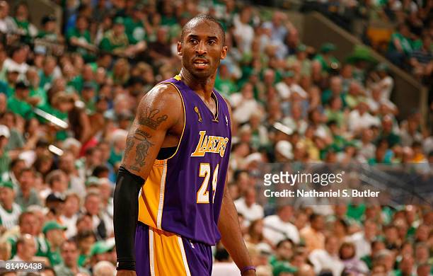 Kobe Bryant of the Los Angeles Lakers looks back in Game Two of the 2008 NBA Finals against the Boston Celtics on June 8, 2008 at the TD Banknorth...