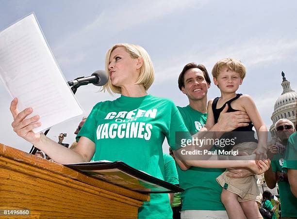 Jenny McCarthy, author of the best-selling book "Louder Than Words: A Mother's Journey in Healing Autism," talks to the audience while Jim Carrey and...
