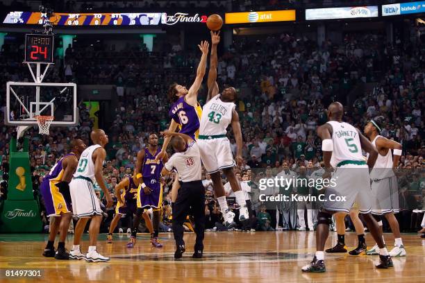 Pau Gasol of the Los Angeles Lakers and Kendrick Perkins of the Boston Celtics go up for the opening tip-off in Game Two of the 2008 NBA Finals on...