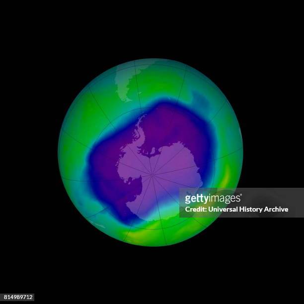 In this image, from September 2006, the Antarctic ozone hole was equal to the record single-day largest area of 11.4 million square miles , reached...