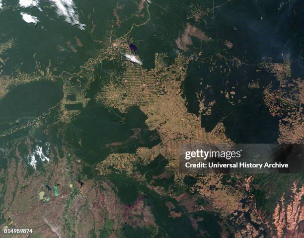Deforestation of the Amazon rainforest at Rondonia, Brazil. In this image, intact forest is deep green, while cleared areas are tan or light green ....