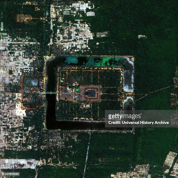 Satellite image of Angkor Wat temple complex in Cambodia is the largest religious monument in the world, with the site measuring 162.6 hectares . It...