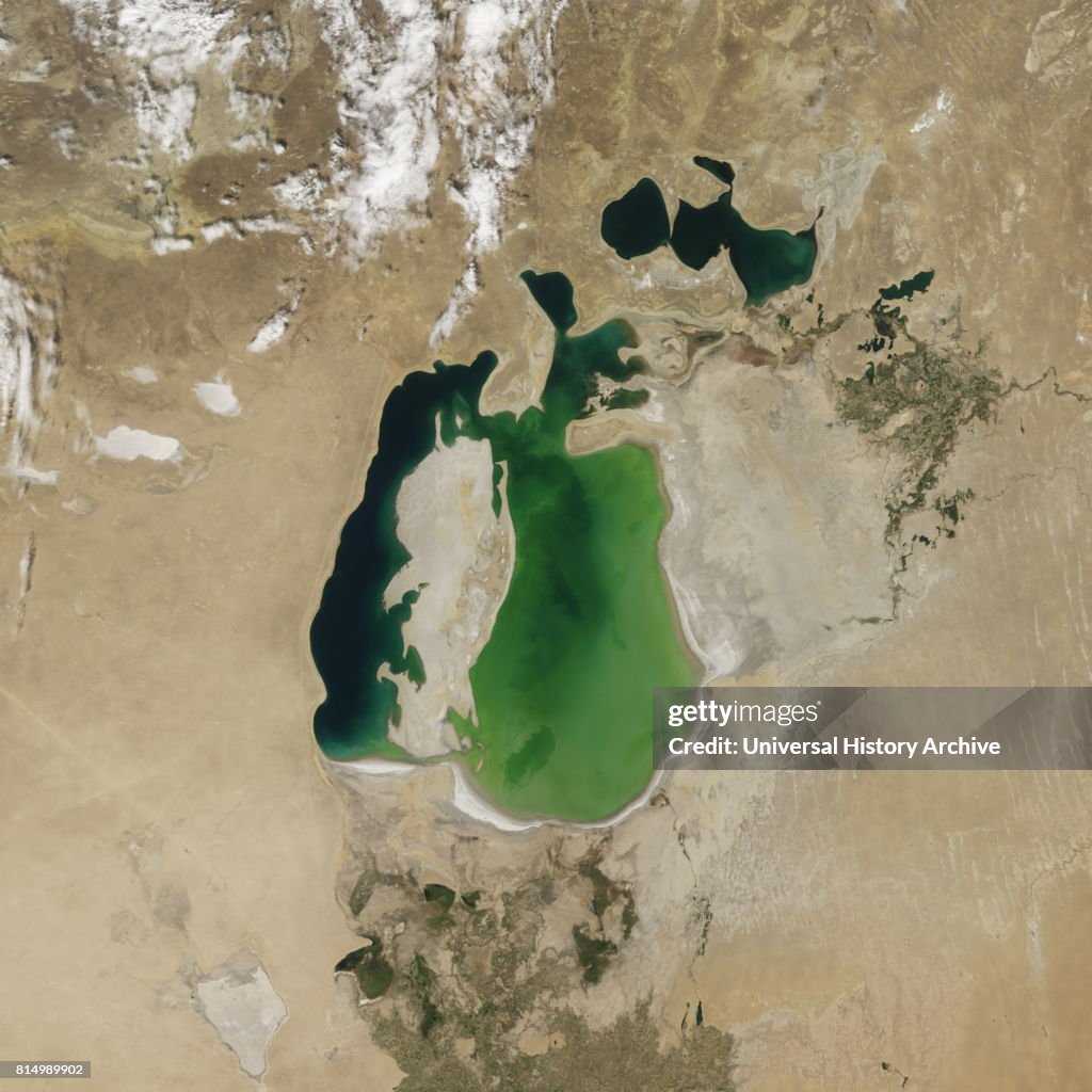 Satellite image of the shrinking of the Aral Sea taken in 2000.