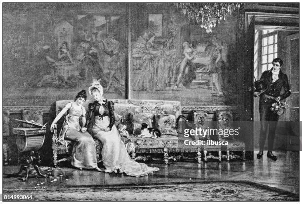 antique photo of paintings: people indoor - woman entering home stock illustrations
