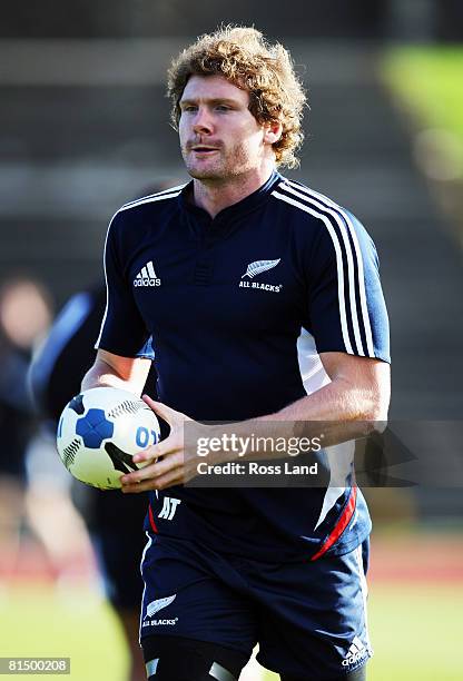 Adam Thomson in action during a New Zealand All Blacks training session at Trusts Stadium on June 9, 2008 in Auckland, New Zealand