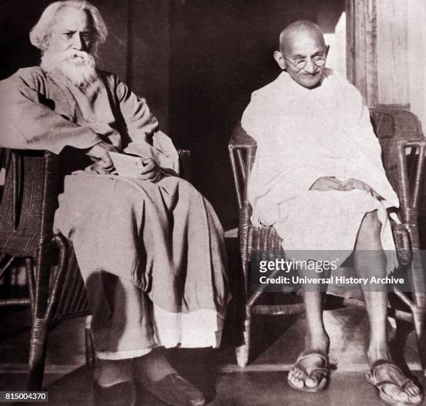 Mohandas Karamchand Gandhi With Rabindranath Tagore at Santiniketan, 1940. Gandhi was the preeminent leader of the Indian independence movement in...