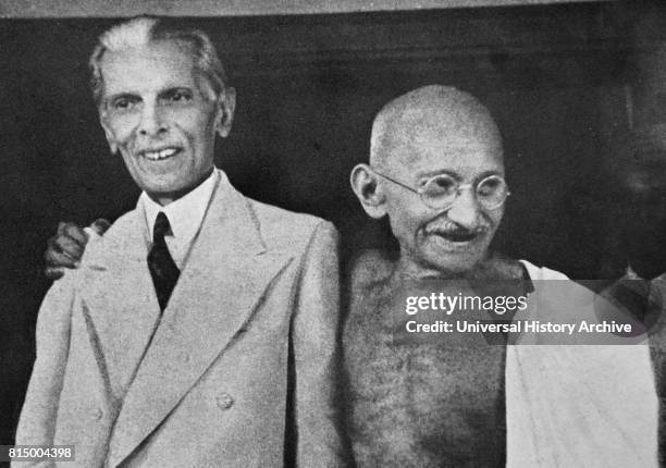 Mohandas Karamchand Gandhi and Mohammed Ali Jinnah, during their talks in Mumbai 1944. Jinnah became the first leader of Pakistan. Gandhi was the...