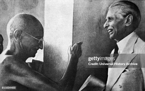 Mohandas Karamchand Gandhi and Mohammed Ali Jinnah, during their talks in Mumbai 1944. Jinnah became the first leader of Pakistan. Gandhi was the...