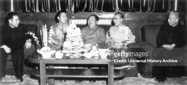 Mao Zedong, Chinese, Communist Party Chairman , Liu Shao qi , Zhou Enlai meet with the Dalai Lama and the Panchen Lama, 1955.