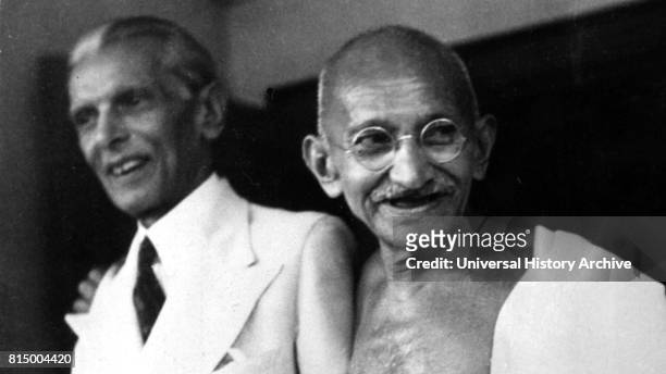 Mohandas Karamchand Gandhi and Mohammed Ali Jinnah, during their talks in Mumbai 1944. Jinnah became the first leader of Pakistan. Gandhi was the...