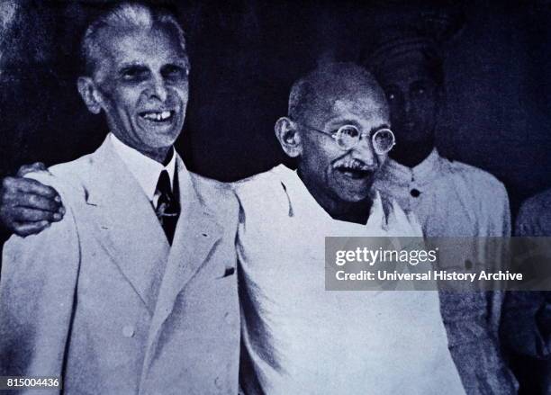 Mohandas Karamchand Gandhi and Mohammed Ali Jinnah, during their talks in Mumbai 1944. Jinnah became the first leader of Pakistan. Gandhi was the...