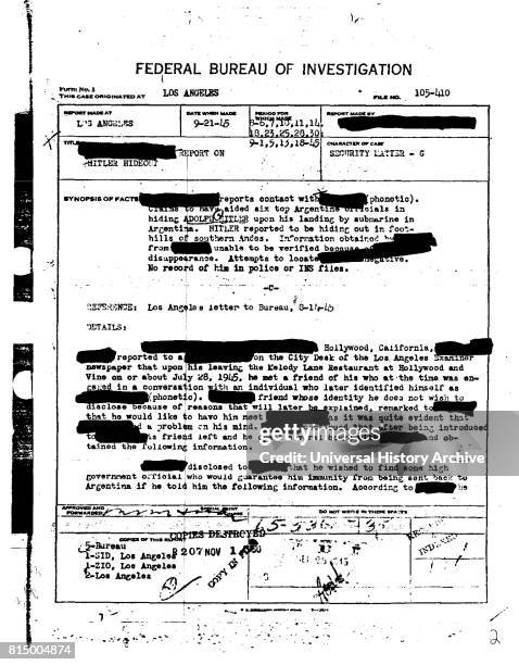 Declassified FBI document showing evidence of escaper by Adolf Hitler to argentine in 1945. Conspiracy theories about Adolf Hitler's death contradict...