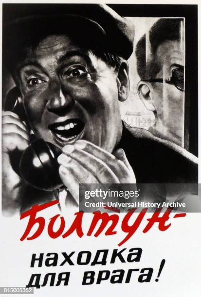 Soviet Russian propaganda poster warning that, Careless talk helps the enemy. 1954.