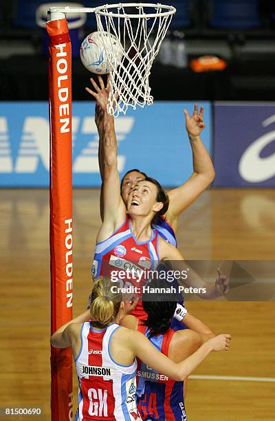 Rebecca Bulley of the Swifts secures the rebound during the round 10 ANZ Championship match between the Northern Mystics and the Sydney Swifts at...