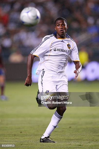 Edson Buddle of the Los Angeles Galaxy chases a loose ball during the MLS game against the Colorado Rapids at Home Depot Center on June 7, 2008 in...