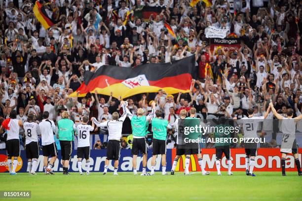 German players celebrate at the end of their Euro 2008 Championships Group B football match Germany vs. Poland on June 8, 2008 at Woerthersee stadium...