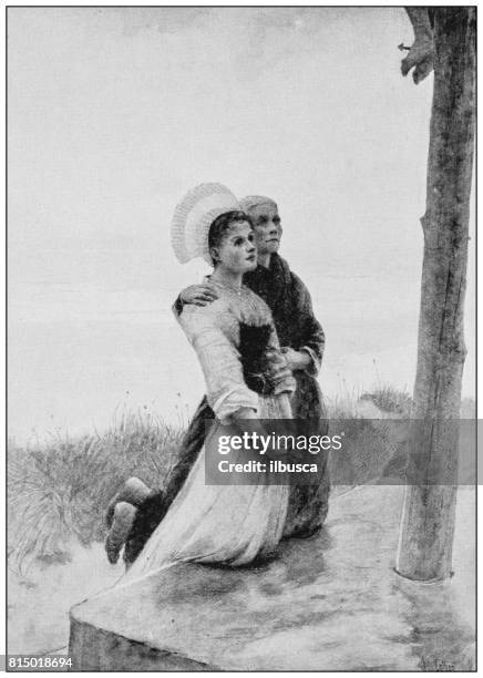 antique photo of paintings: praying for iceland fisherman - icelandic woman stock illustrations