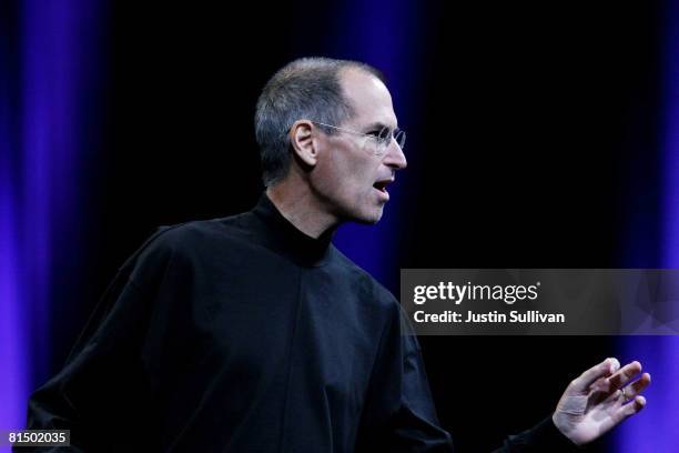 Apple CEO Steve Jobs delivers the keynote address at the Apple Worldwide Web Developers Conference June 9, 2008 in San Francisco, California. Jobs...