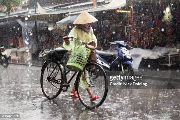 rainy season 01 - asian style conical hat stockfoto's en -beelden