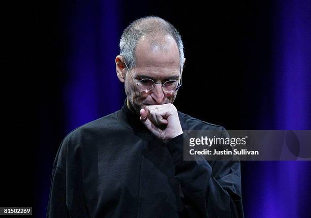 Apple CEO Steve Jobs pauses as he delivers the keynote address at the Apple Worldwide Web Developers Conference June 9, 2008 in San Francisco,...