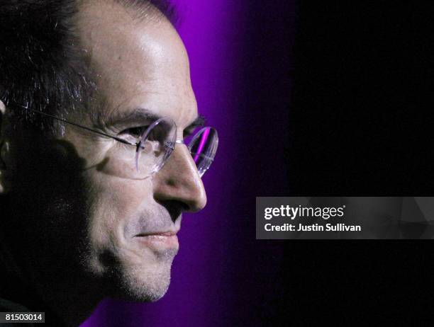 Apple CEO Steve Jobs looks on before announcing the new iPhone 3G as he delivers the keynote address at the Apple Worldwide Web Developers Conference...