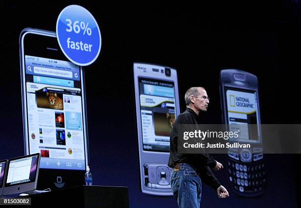 Apple CEO Steve Jobs compares the new iPhone 3G to other cell phones as he delivers the keynote address at the Apple Worldwide Web Developers...