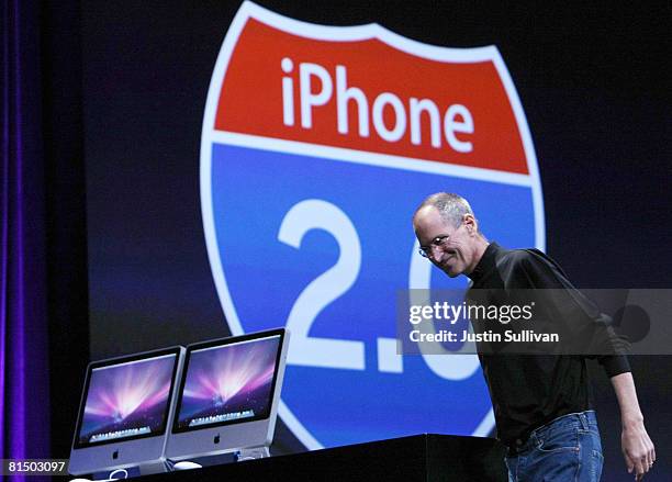 Apple CEO Steve Jobs delivers the keynote address at the Apple Worldwide Web Developers Conference June 9, 2008 in San Francisco, California. Jobs...