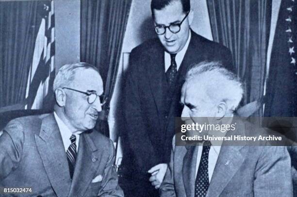 Photograph of Prime Minister David Ben-Gurion meeting with US President Harry S. Truman and Ambassador Abba Eban . Dated 20th Century.