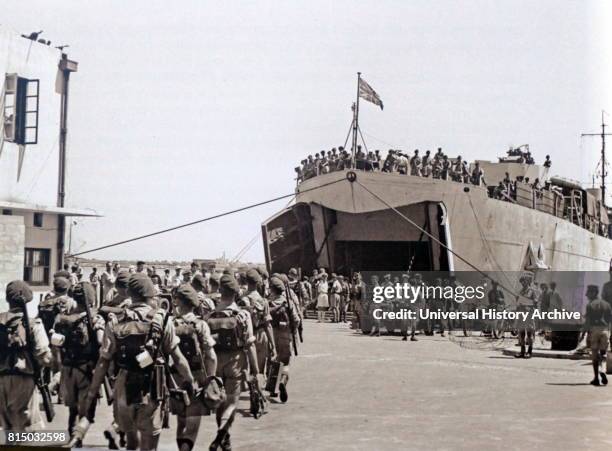 Photograph of British forces leaving Haifa at the end of the British Mandate and the eve of the Israeli War of Independence. Dated 20th Century.