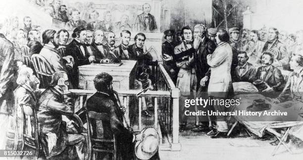 Courtroom sketch depicting the arraignment of John Brown an American abolitionist. Dated 19th Century.