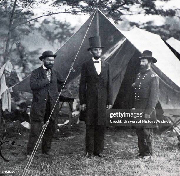 Photograph of Allan Pinkerton President Abraham Lincoln and John Alexander McClernand during the Battle of Antietam. Dated 19th Century.